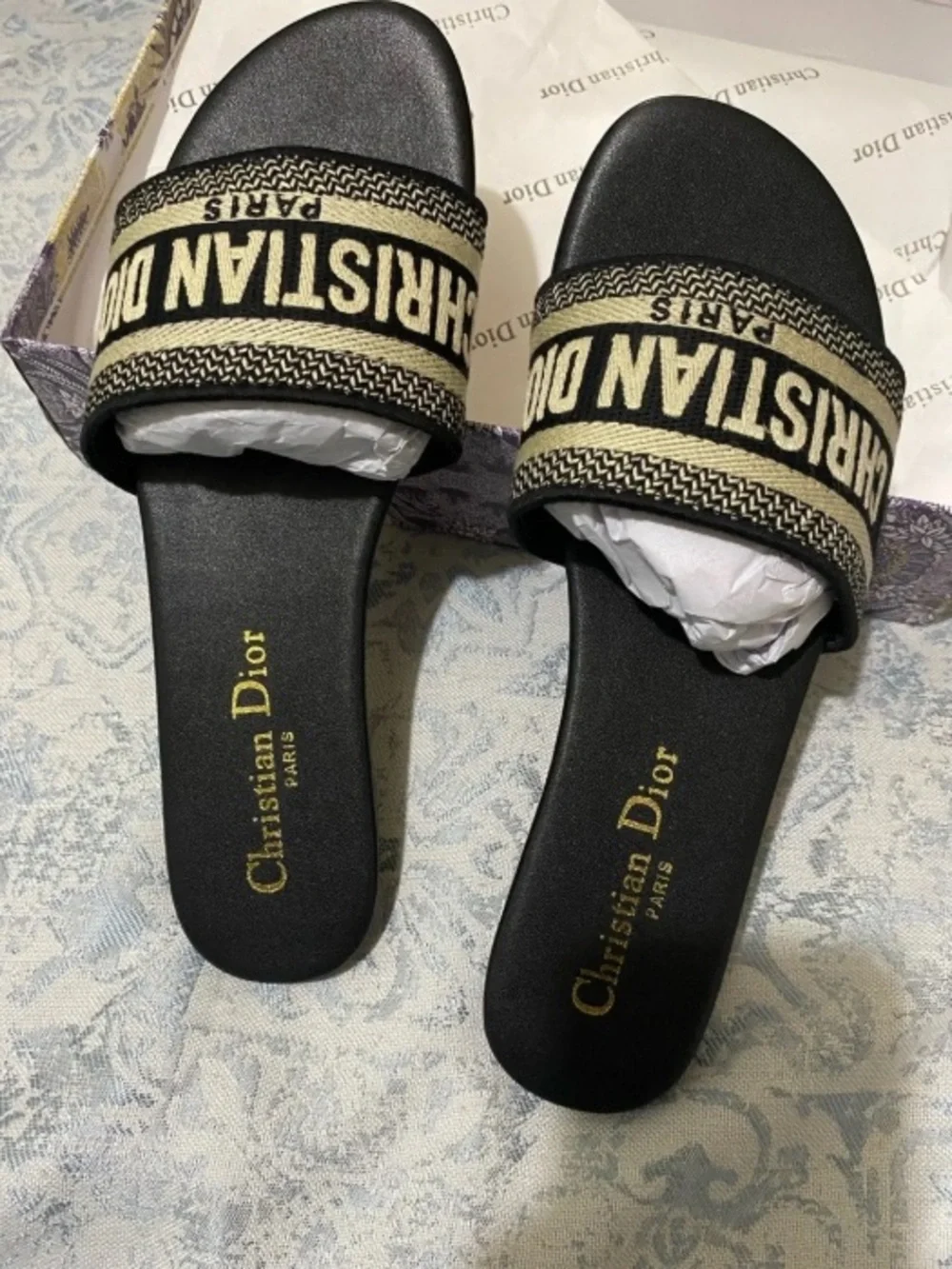 Dior Black & Beige Logo Jacquard Slide Mules - Picture 3 of 5